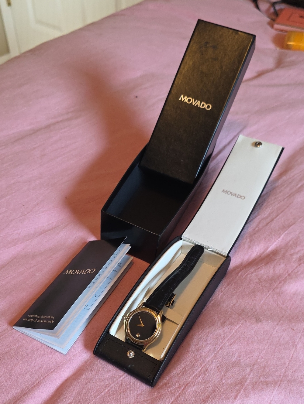 Movado Men's Black Dial Watch with Gold-Tone Case and Black Leather Strap